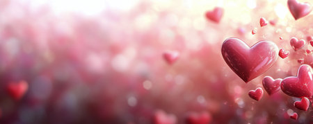 Soft and vibrant hearts float in a whimsical manner against a blurred pink backdrop, creating a romantic atmosphere perfect for celebrations of love and affection.の素材