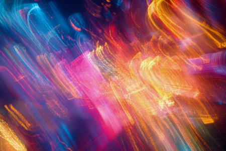 Vibrant colors blend together in a blurred display of bokeh lights, reflecting off a wet surface in an urban environment at night. The atmosphere feels lively and energetic.の素材