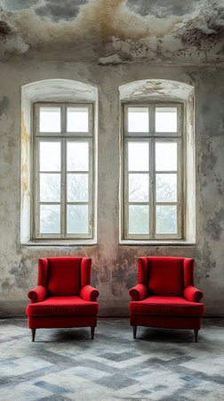Two vibrant red armchairs sit invitingly next to large windows in a light-filled room with weathered walls. The space conveys a sense of both charm and neglect, highlighting the contrast.の素材