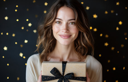 A beautifully wrapped gift box in brown paper with a black ribbon is placed on a dark surface scattered with golden stars, creating a festive atmosphere perfect for celebrations.の素材