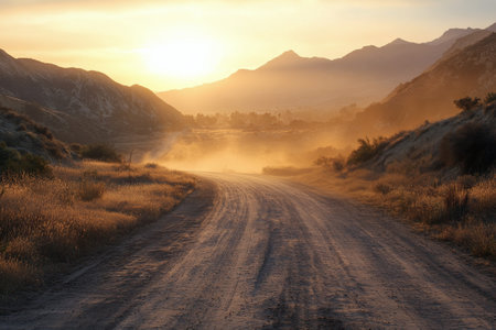 A picturesque sunset illuminates a winding road gently curving through an open field. A lone tree stands proudly on a wooden slab, casting a serene silhouette against the vibrant sky.の素材