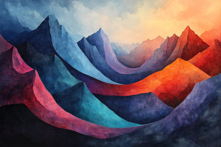 Colorful abstract depiction of mountains showcases a blend of vibrant hues and layered brushwork. The composition evokes a sense of depth and artistic expression in a modern style.の素材
