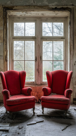 Two vibrant red armchairs sit invitingly next to large windows in a light-filled room with weathered walls. The space conveys a sense of both charm and neglect, highlighting the contrast.の素材