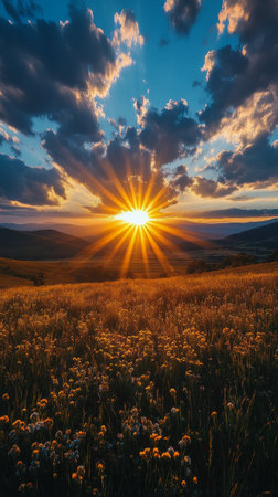 A breathtaking sunset casts golden rays over tranquil hills, with soft clouds adding depth to the sky. Wildflowers in the foreground enhance the serene natural beauty at dusk.の素材