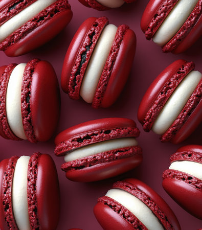 Tender red velvet macarons are artfully displayed on a soft surface, showing their smooth texture and creamy filling. Perfect for dessert lovers and special occasions.の素材
