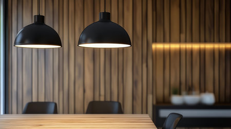 A stylish dining area features two black pendant lights above a wooden table. Green plants in white pots add a touch of nature to the warm wood backdrop.の素材