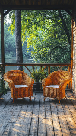 Two inviting wicker chairs sit in a bright room with large windows, allowing sunlight to pour in and illuminate the vibrant green plants nearby, creating a tranquil atmosphere.の素材