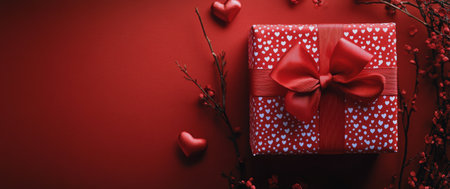 A vibrant red surface displays a beautifully wrapped gift box adorned with a bow alongside red and white polka dot ornaments, creating a cheerful holiday atmosphere.の素材