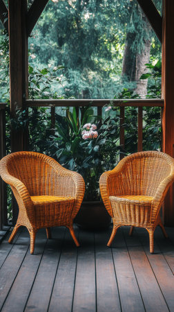 Two inviting wicker chairs sit in a bright room with large windows, allowing sunlight to pour in and illuminate the vibrant green plants nearby, creating a tranquil atmosphere.の素材