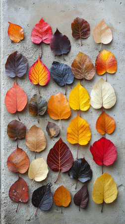 Various autumn leaves in shades of red, orange, yellow, purple, and blue are artistically arranged on a white surface, showing their vibrant colors and shapes.の素材