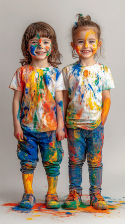 Two young children stand side by side, beaming with joy and covered in vibrant paint splashes from an arts and crafts activity. Their playful outfits add to the colorful atmosphere.の素材