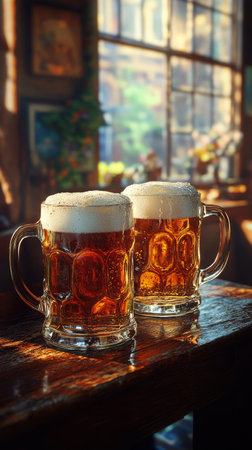 Two frosty mugs filled with amber beer sit on a rustic wooden table in a cozy pub. Sunlight streams through large windows, creating a warm atmosphere.の素材