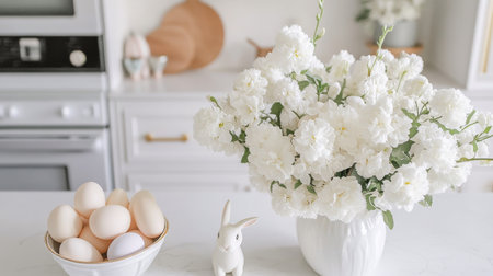 A bouquet of white flowers arranged in a clear glass vase sits elegantly on a kitchen counter. Soft decor includes a small bunny and decorative eggs, creating a serene atmosphere.の素材