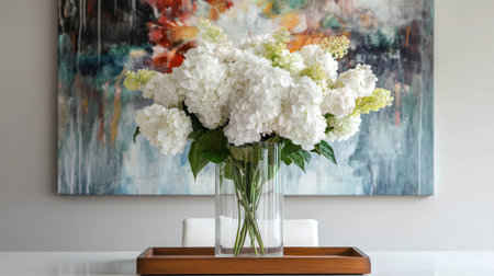 Bright white and green flowers fill a clear vase on a wooden tray. The modern interior features a colorful abstract painting and soft furnishings, creating a welcoming atmosphere.の素材