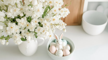 A bouquet of white flowers arranged in a clear glass vase sits elegantly on a kitchen counter. Soft decor includes a small bunny and decorative eggs, creating a serene atmosphere.の素材