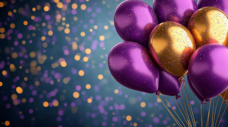 A cluster of purple balloons with shimmering glitter stands out against a dark backdrop filled with colorful orbs. This festive display is perfect for celebrations and events.の素材