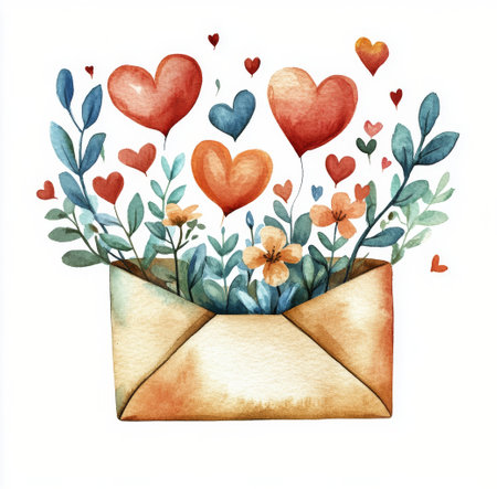 A beautiful envelope filled with vibrant flowers and floating hearts captures the essence of warmth and joy. Perfect for spring themes, love notes, or special occasions.の素材