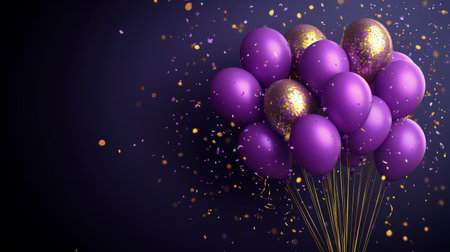 A cluster of purple balloons with shimmering glitter stands out against a dark backdrop filled with colorful orbs. This festive display is perfect for celebrations and events.の素材