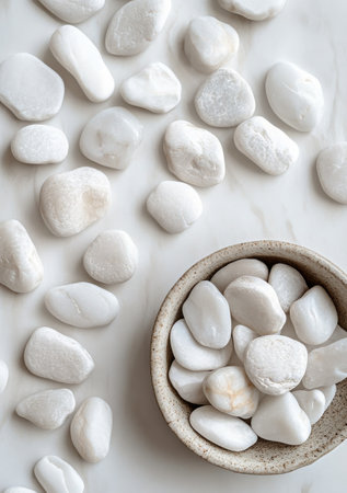 A collection of smooth white stones in various shapes and sizes is arranged artistically on a bright, even surface. This creates a calming and minimalist display that emphasizes simplicity.の素材