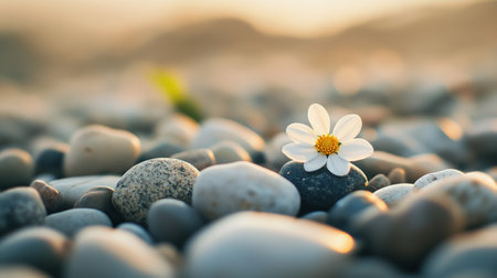 A single white flower with yellow center stands out among smooth pebbles on a beach. The warm sunlight creates a serene atmosphere during the evening.の素材