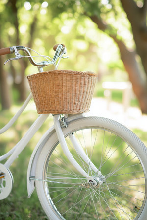 A vintage bicycle stands quietly with a wicker basket, surrounded by vibrant green leaves. Soft sunlight filters through, creating a peaceful atmosphere on the pathway.の素材