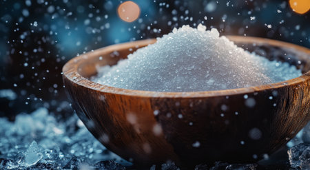 A wooden bowl filled with sparkling salt sits at the center. Delicate snowflakes fall around the bowl, creating a serene winter ambiance with a blurred background.の素材