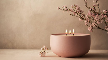 A beautifully crafted pink candle with two flames sits next to a branch of delicate pink flowers. The setting exudes tranquility and warmth, perfect for relaxation and reflection.の素材