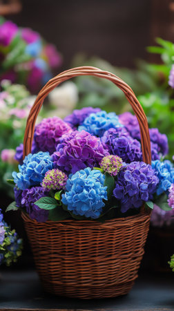 A vibrant display of purple and blue flowers in a woven basket enhances the interior space. This arrangement features various blooms, adding elegance to any room.の素材