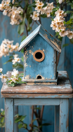 A charming birdhouse with a rustic blue finish sits on a wooden table. It features two circular openings and is surrounded by lush green foliage, creating a peaceful atmosphere.の素材