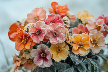 A vibrant collection of flowers displays striking colors of orange, pink, and yellow, all covered in frost.の素材