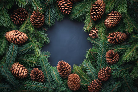A collection of pinecones is surrounded by fresh evergreen branches, forming a beautiful wreath centerpiece perfect for festive occasions. The contrast in textures emphasizes a holiday spirit.の素材