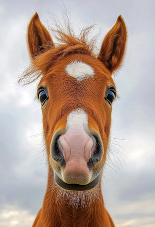 A young horse stands proudly with a fluffy mane, gazing curiously at the viewer. The background shows a clear blue sky, enhancing the horses vibrant expression and soft features.の素材