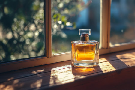 A beautifully crafted glass perfume bottle rests on a wooden windowsill, catching soft sunlight. The warm glow highlights the delicate shape and color of the liquid inside.の素材