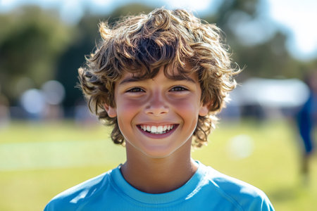 A cheerful young boy with curly hair smiles brightly in a sunny outdoor setting. He participates in a sports event, surrounded by green grass and fellow athletes.の素材