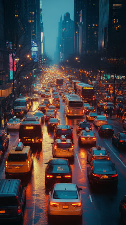 A bustling city street filled with various vehicles during nighttime. Shimmering lights from advertisements reflect on the wet pavement, creating a vibrant urban atmosphere.の素材