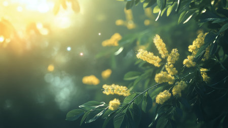 Bright sunlight gently shines through lush green foliage, highlighting delicate yellow blossoms. The scene conveys a tranquil ambiance, inviting a sense of calm and connection to nature.の素材