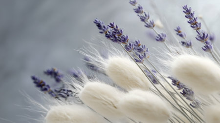 A close-up view of lavender stems intertwined with soft, fluffy white flowers rests on a gentle white surface. The colors and textures create a calming visual composition.の素材