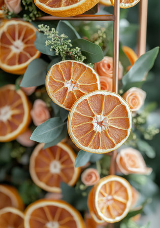 Bright orange slices are beautifully arranged on fresh greenery, creating a vibrant and inviting display perfect for seasonal decor. Ideal for enhancing holiday festivities.の素材