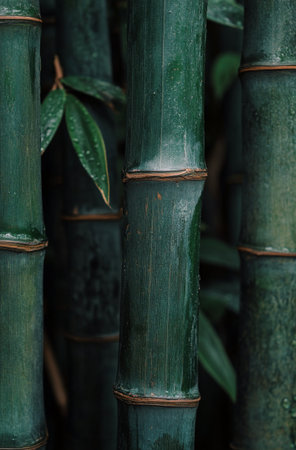 A dense cluster of bamboo stalks stands tall with rich green hues. Natural light filters through the leaves, creating a peaceful atmosphere in a lush environment.の素材