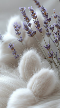 Delicate white and purple flowers are artistically arranged, showing their fluffy textures and vibrant colors against a soft background. The display creates an elegant and calming atmosphere.の素材