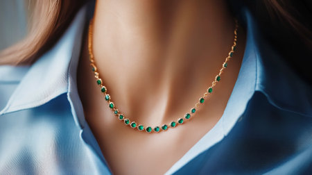 A close-up view captures a delicate gold necklace adorned with sparkling green gemstones. The wearer is dressed in a light blue shirt, highlighting the jewelrys elegance and charm.の素材