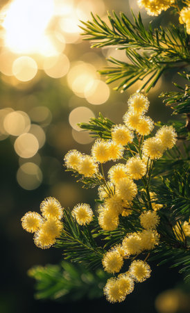 Bright yellow flowers bloom amidst lush greenery, illuminated by warm sunlight. The scene captures a serene moment in nature during the golden hour with a soft blur in the background.の素材