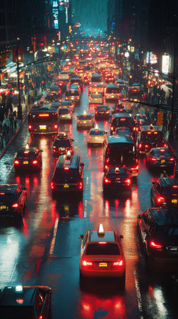 A bustling city street filled with various vehicles during nighttime. Shimmering lights from advertisements reflect on the wet pavement, creating a vibrant urban atmosphere.の素材