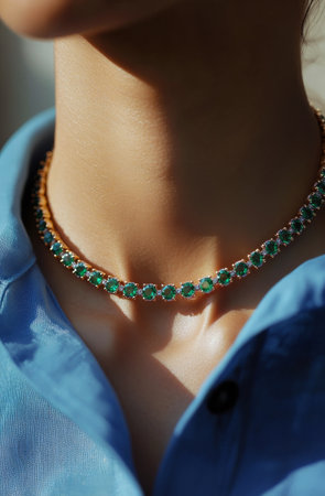 Close-up of a stunning green gemstone necklace worn by a model. The delicate piece shimmers in sunlight, highlighting its intricate design and vibrant color against a blue shirt.の素材