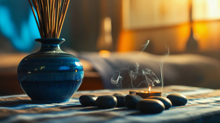 A beautiful teal vase holds incense sticks, releasing gentle smoke above a table adorned with smooth, dark stones. The softly lit bedroom in the background enhances a tranquil ambiance.の素材