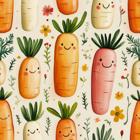 A colorful design showing various cartoonish carrots with smiling faces and leafy tops, surrounded by delicate flowers and greens, creating a joyful and whimsical atmosphere.の素材