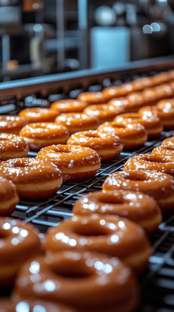 Golden glazed donuts move along a conveyor belt in a bustling bakery. The atmosphere is lively as fresh pastries are prepared for sale, showing their appealing shine.の素材
