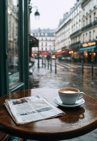 A cozy cafe in Paris sits beside a rainy street. A warm cup of coffee is placed on a wooden table next to a newspaper, inviting relaxation amidst the rainy ambiance.の素材