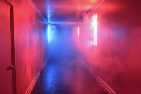 A hallway features glowing pink and blue neon lights along the walls, with smoke creating a mystic atmosphere. This modern design invites curiosity and exploration.の素材