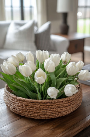 A serene living room features a stylish glass vase filled with white tulips resting on a woven tray. Bright light filters through a window, enhancing the peaceful atmosphere.の素材